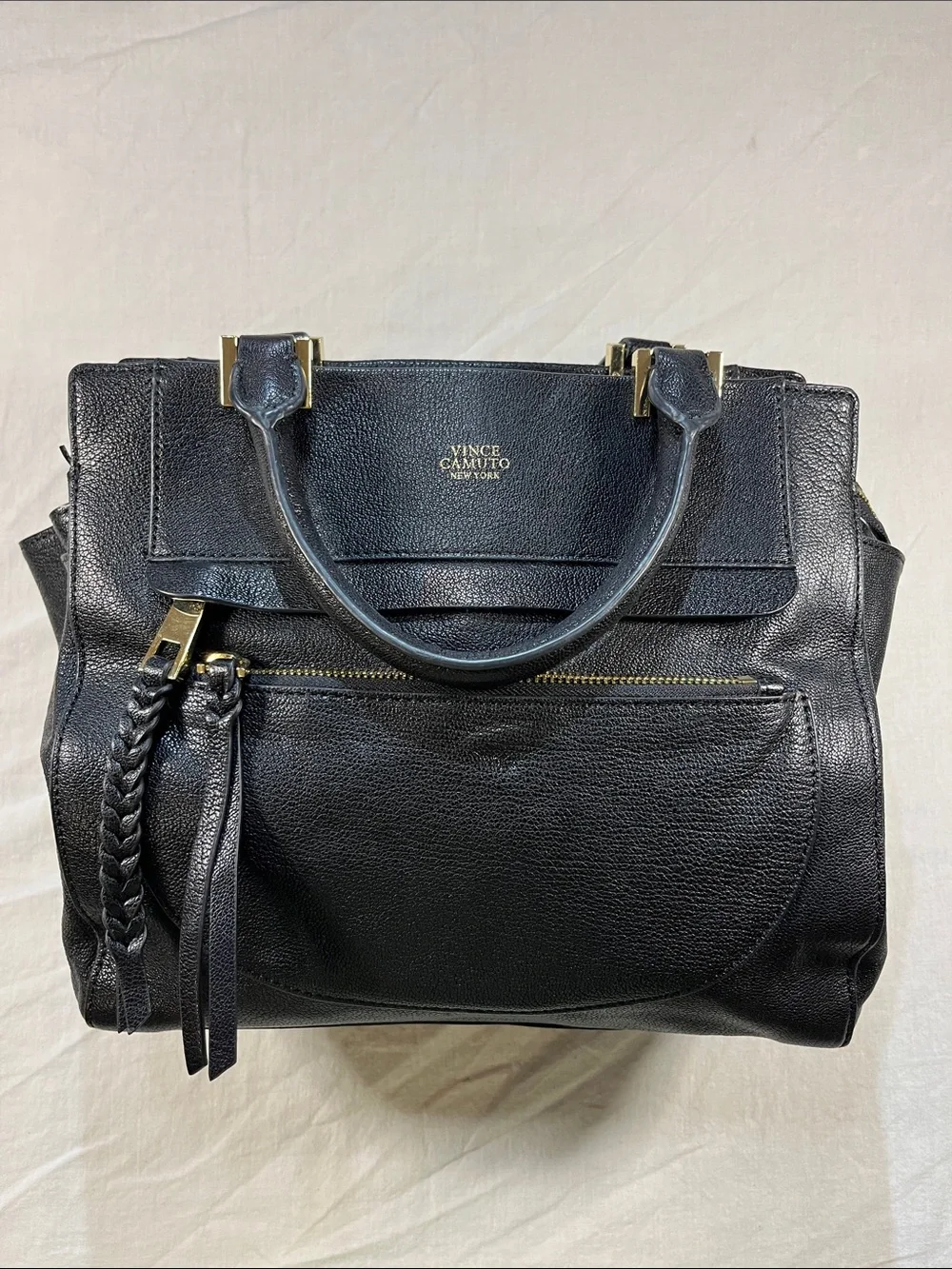 Vince Camuto Ayla Satchel Black Pebbled Leather with Braided Tassel
